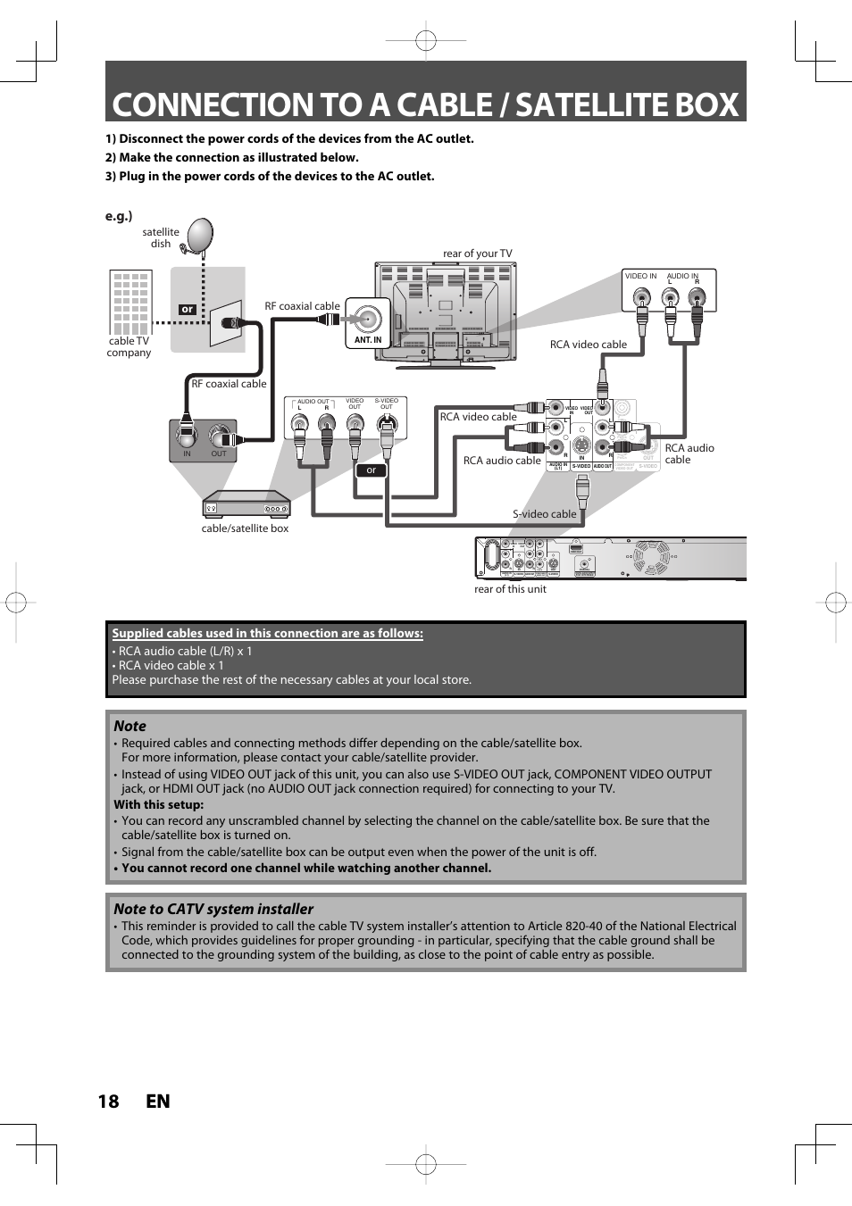 Connection to a cable / satellite box, 18 en 18 en, E.g.) | Pr/cr pb/cb, Rca audio cable, Cable tv company or | Toshiba D-R400 User Manual | Page 18 / 103