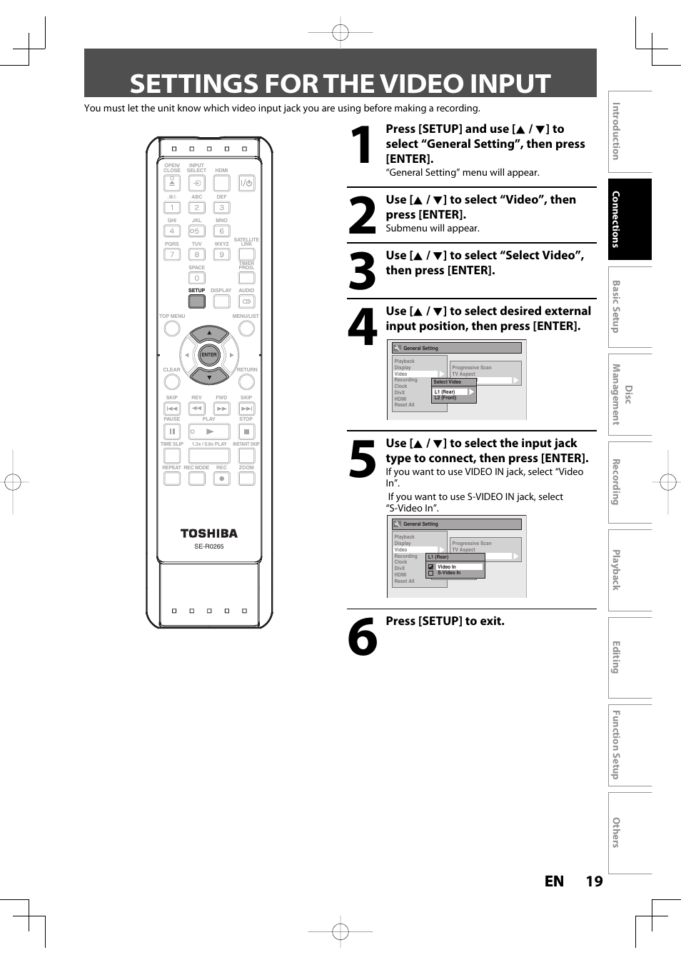 Settings for the video input, 19 en 19 en | Toshiba D-R400 User Manual | Page 19 / 103