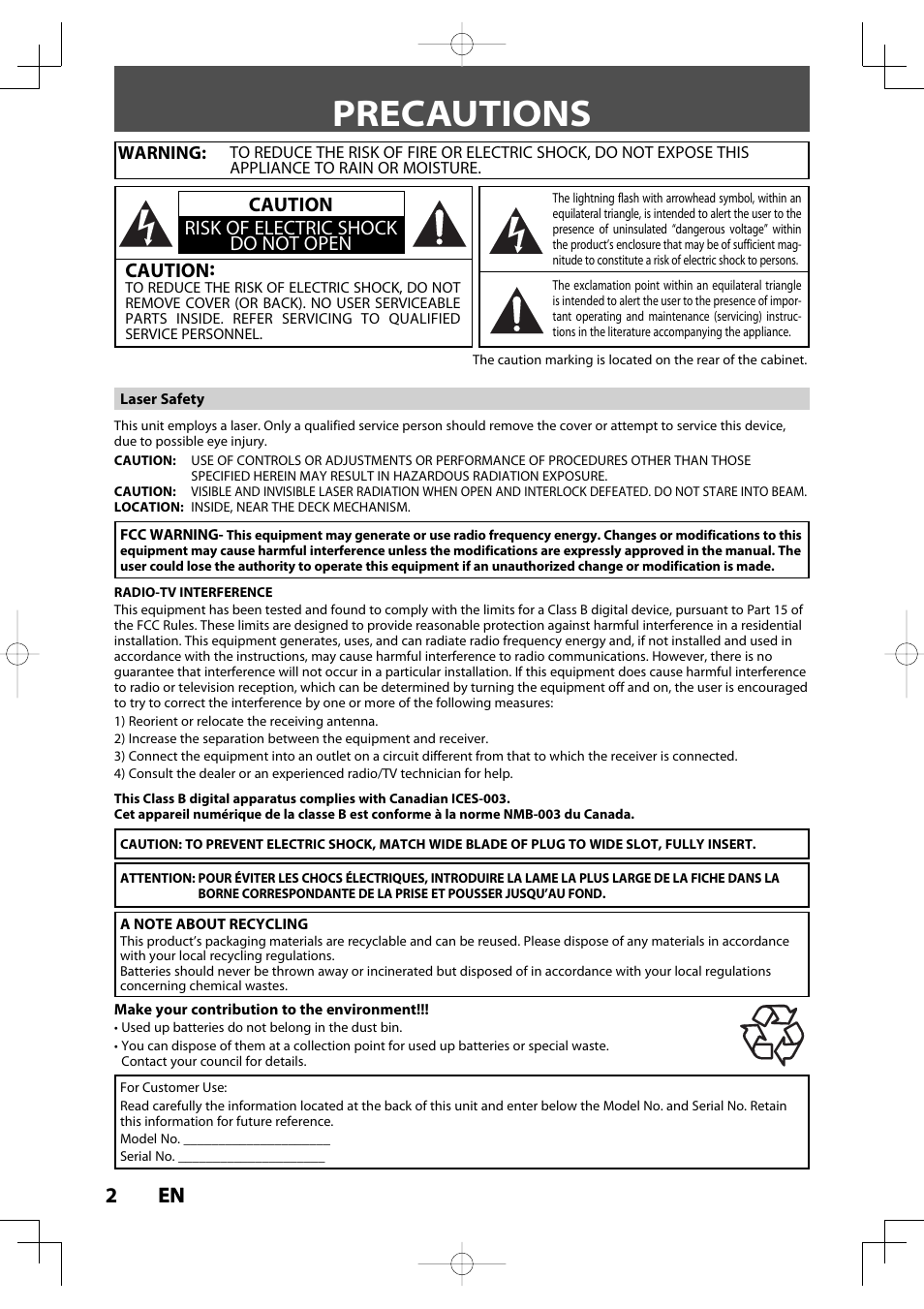 Precautions, 2en 2 en | Toshiba D-R400 User Manual | Page 2 / 103