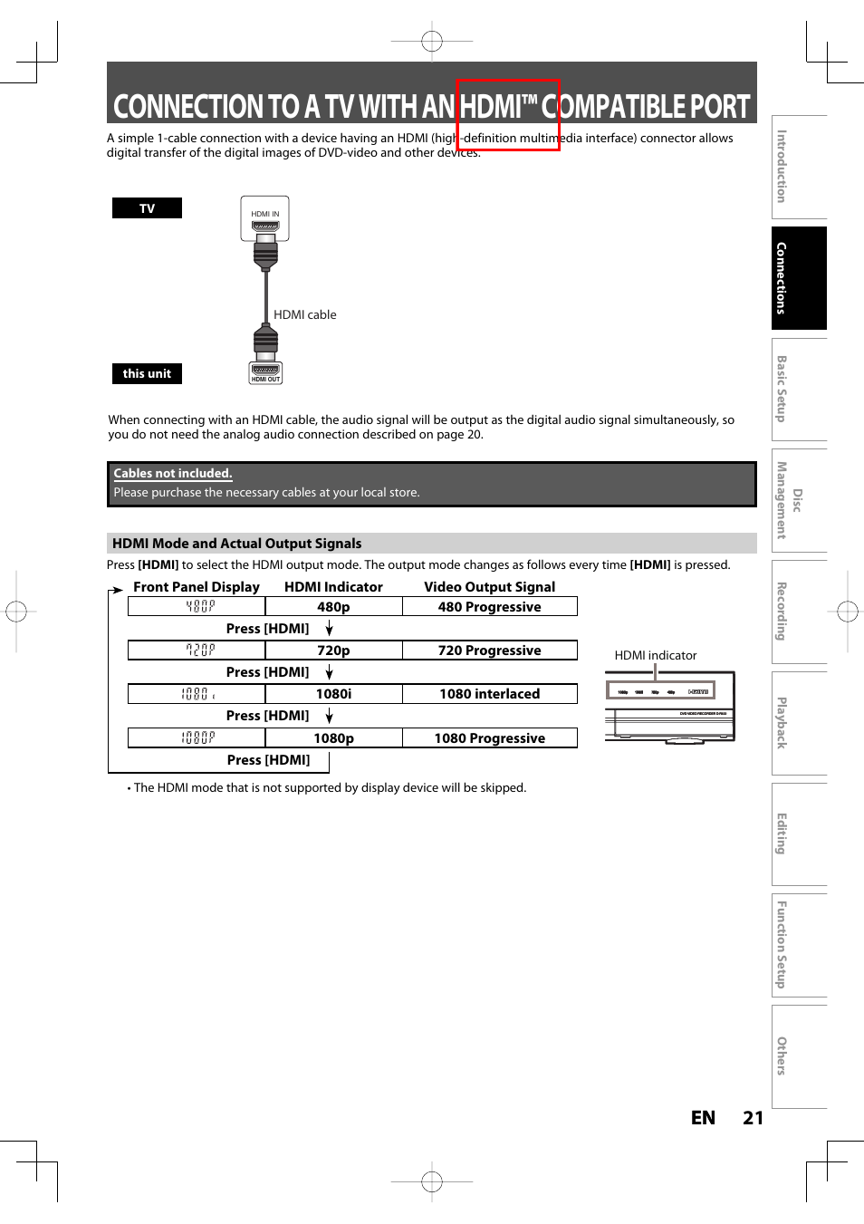 Connection to a tv with an hdmi™ compatible port, 21 en 21 en | Toshiba D-R400 User Manual | Page 21 / 103