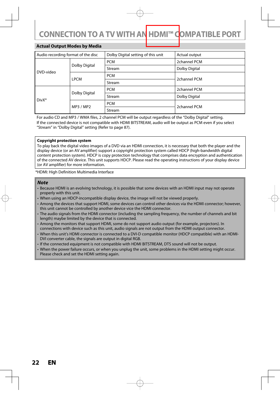 Connection to a tv with an hdmi™ compatible port, 22 en 22 en | Toshiba D-R400 User Manual | Page 22 / 103