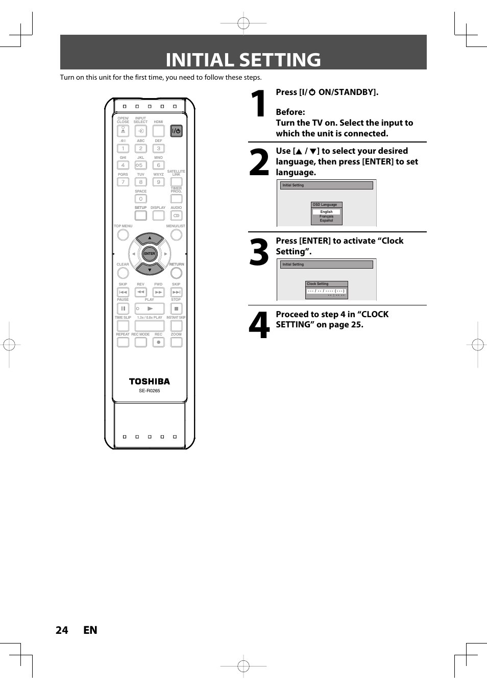 Initial setting, 24 en 24 en | Toshiba D-R400 User Manual | Page 24 / 103