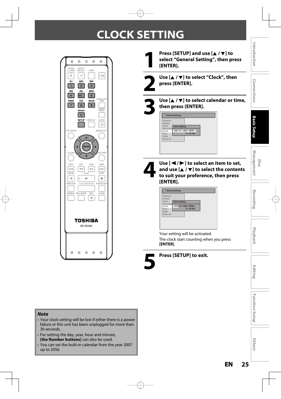 Clock setting, 25 en 25 en | Toshiba D-R400 User Manual | Page 25 / 103