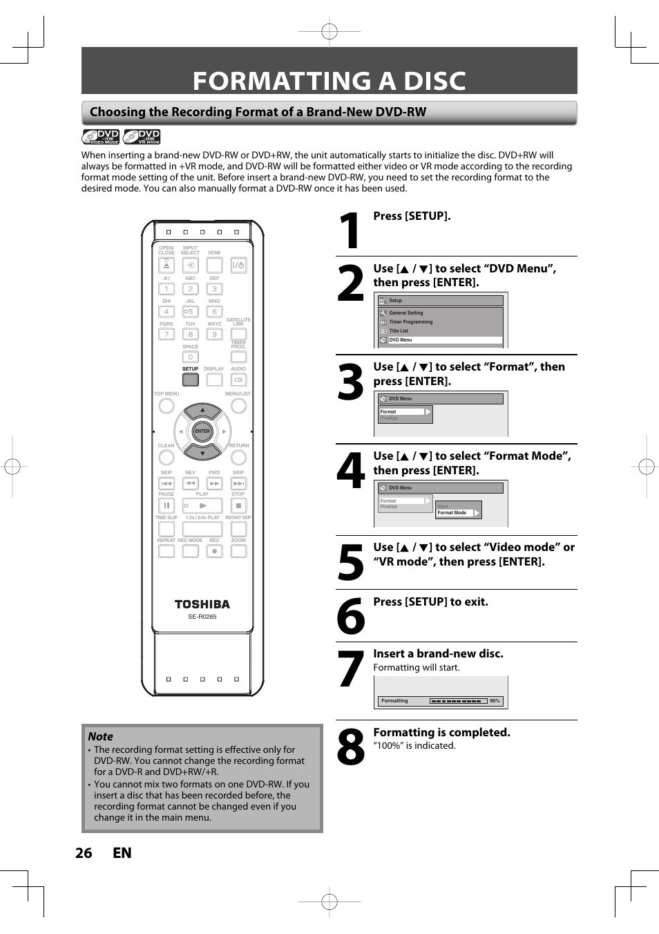 Formatting a disc, 26 en 26 en | Toshiba D-R400 User Manual | Page 26 / 103