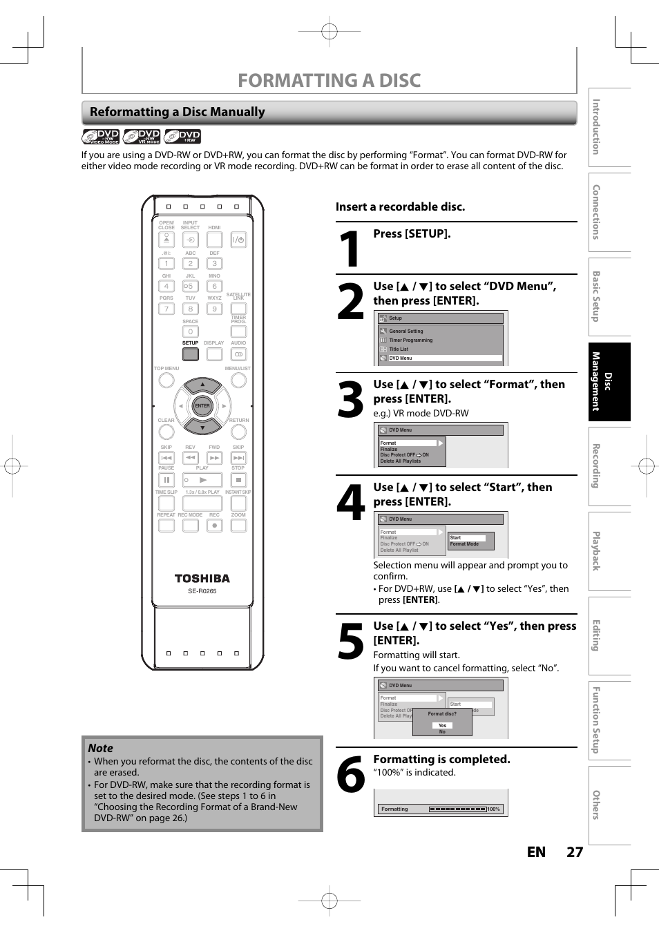 Formatting a disc, 27 en 27 en, Reformatting a disc manually | Toshiba D-R400 User Manual | Page 27 / 103