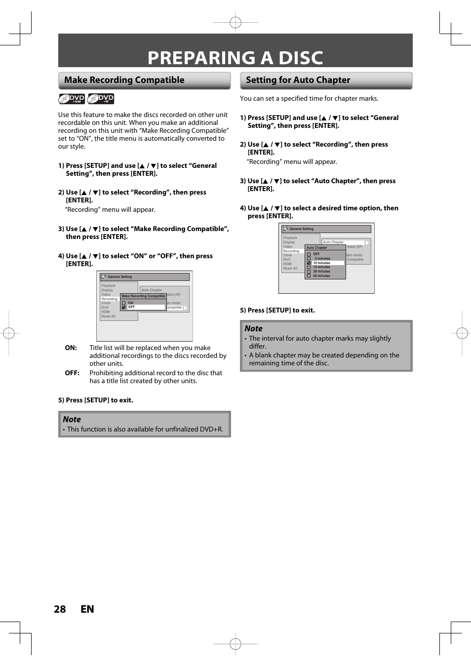 Preparing a disc, 28 en 28 en, Make recording compatible setting for auto chapter | Toshiba D-R400 User Manual | Page 28 / 103