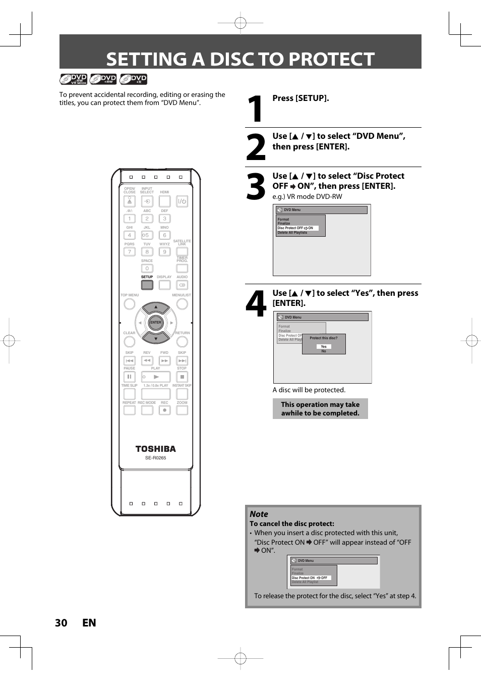 Setting a disc to protect, 30 en 30 en | Toshiba D-R400 User Manual | Page 30 / 103