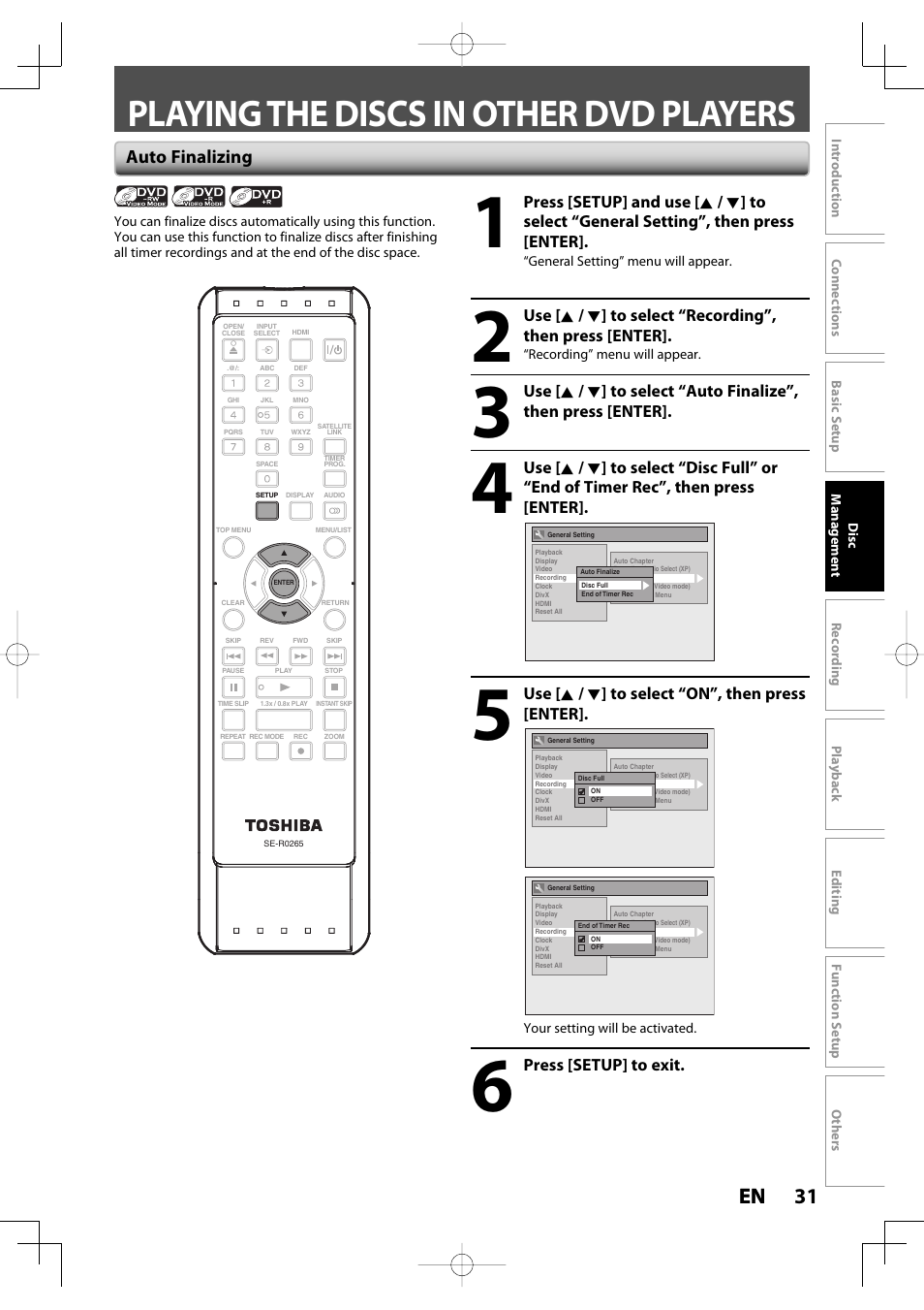 Playing the discs in other dvd players, 31 en 31 en, Auto finalizing | Toshiba D-R400 User Manual | Page 31 / 103
