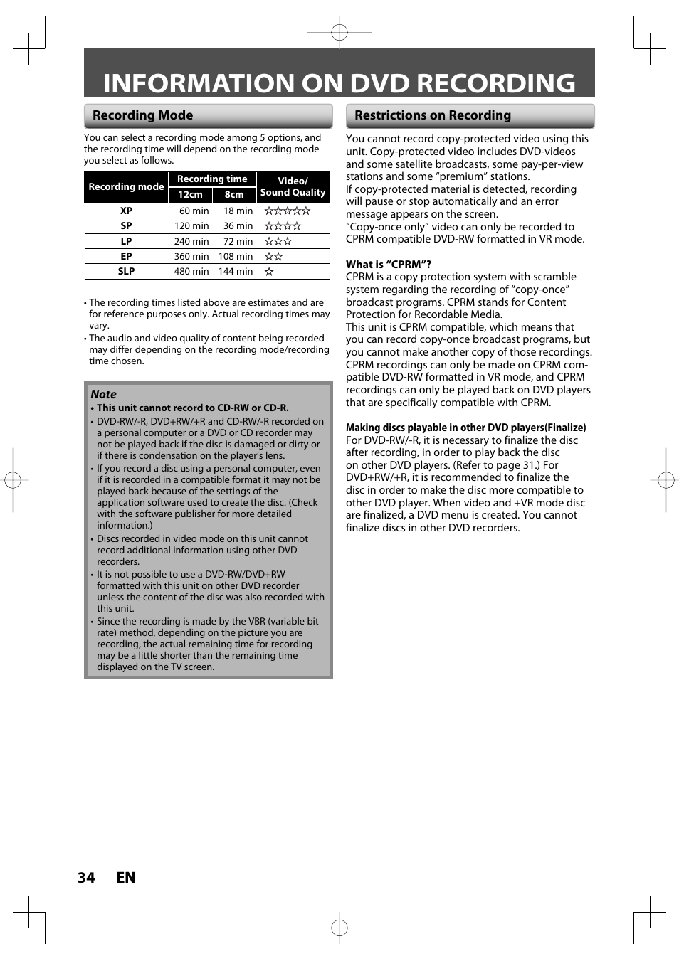 Information on dvd recording, 34 en 34 en | Toshiba D-R400 User Manual | Page 34 / 103