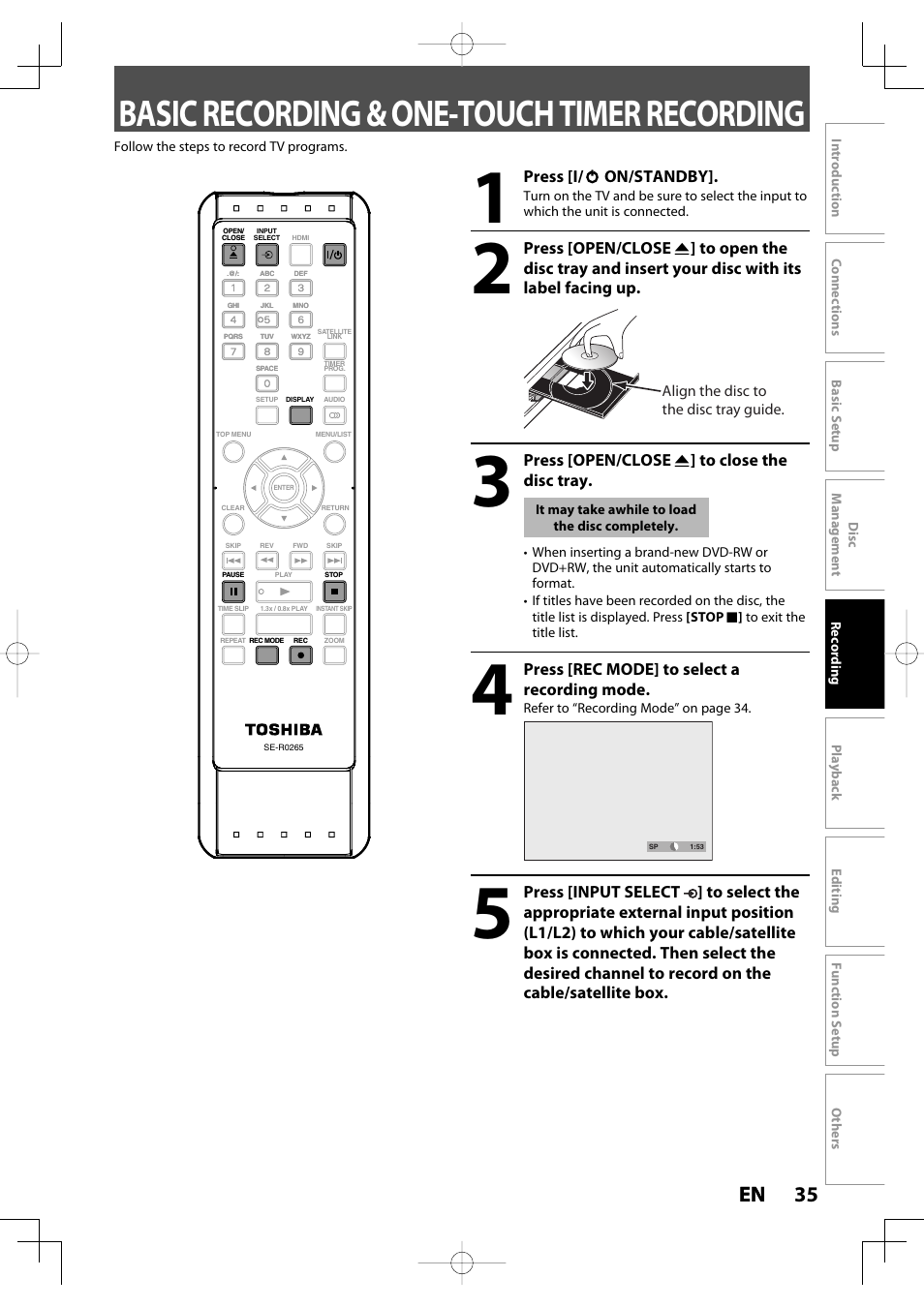 Basic recording & one-touch timer recording, 35 en 35 en | Toshiba D-R400 User Manual | Page 35 / 103