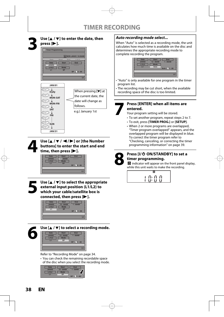 Timer recording, 38 en 38 en, Use [ k / l ] to enter the date, then press [ b | Use [ k / l ] to select a recording mode, Auto recording mode select, Press [enter] when all items are entered, Press [i/ y on/standby] to set a timer programming | Toshiba D-R400 User Manual | Page 38 / 103