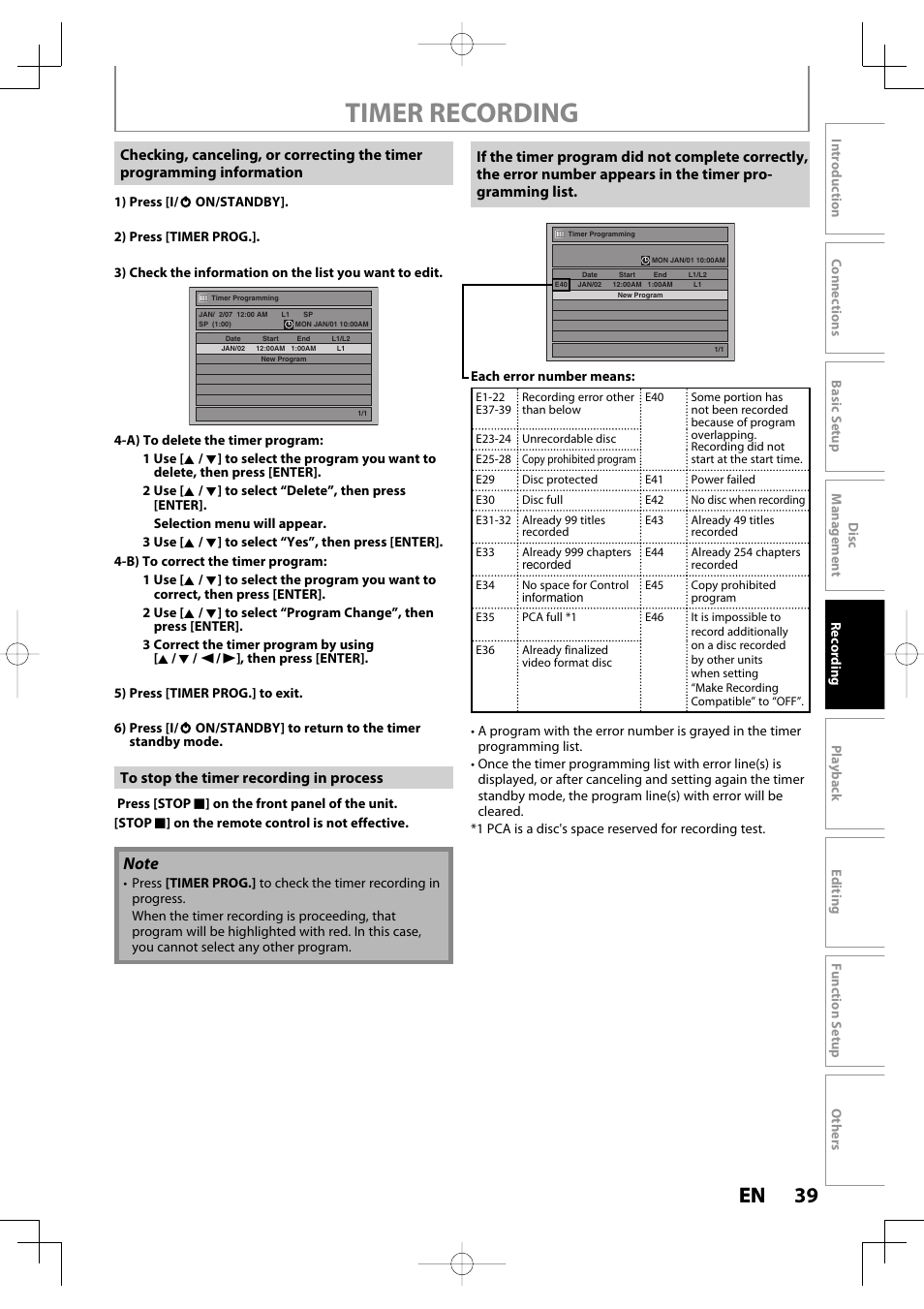 Timer recording, 39 en 39 en | Toshiba D-R400 User Manual | Page 39 / 103