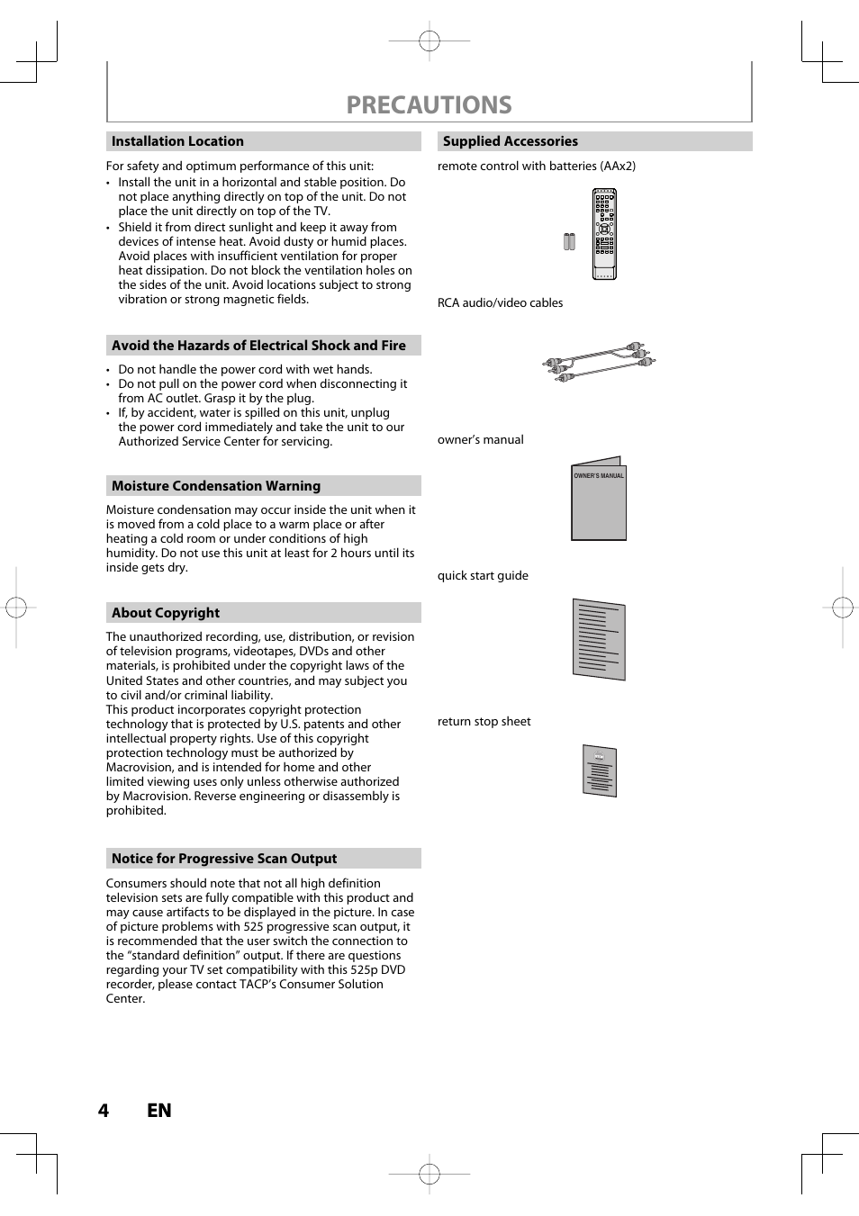 Precautions, 4en 4 en | Toshiba D-R400 User Manual | Page 4 / 103