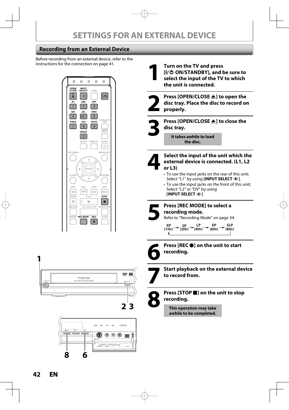 Settings for an external device, 42 en 42 en, Recording from an external device | Toshiba D-R400 User Manual | Page 42 / 103