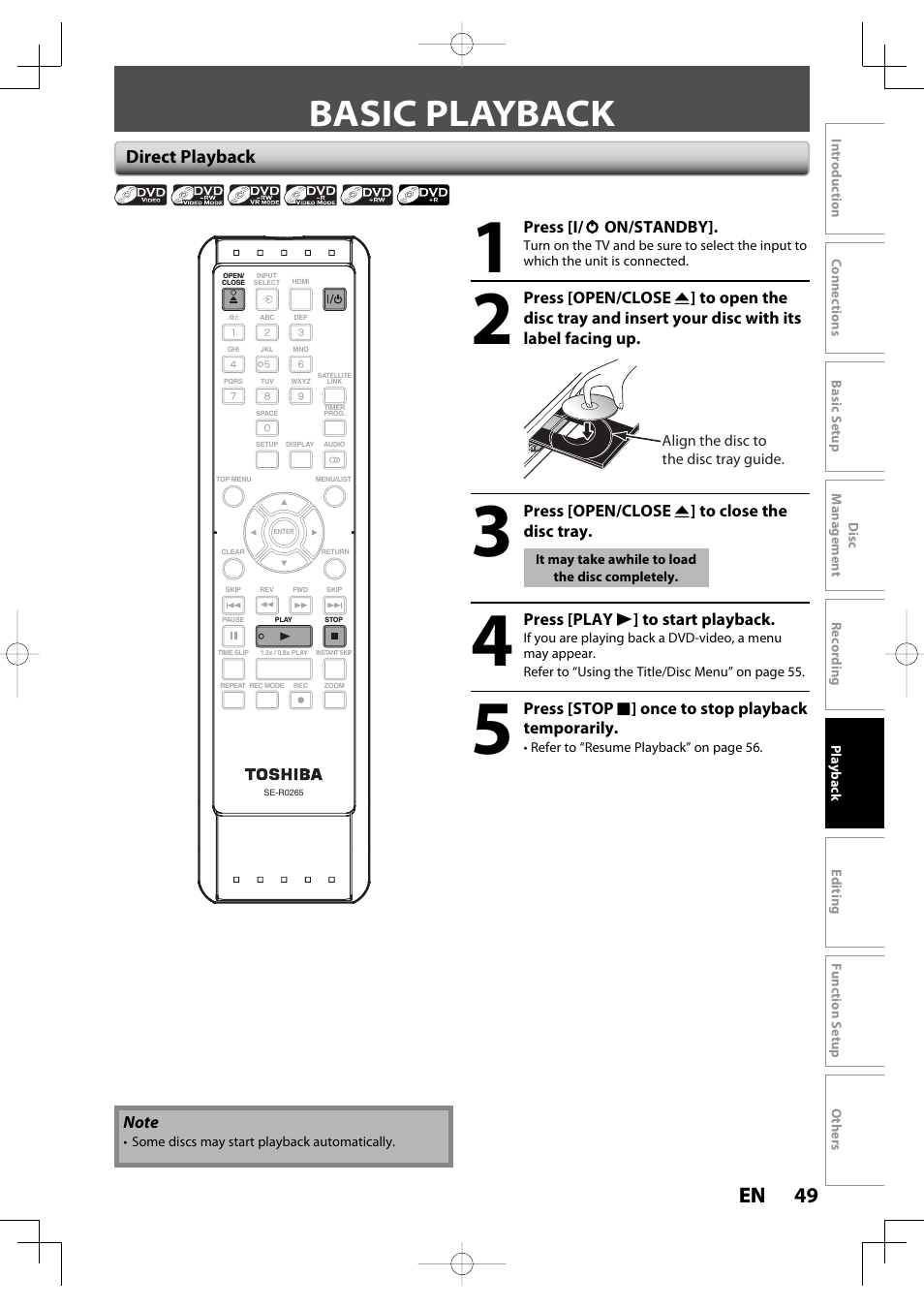 Basic playback, 49 en 49 en, Direct playback | Toshiba D-R400 User Manual | Page 49 / 103