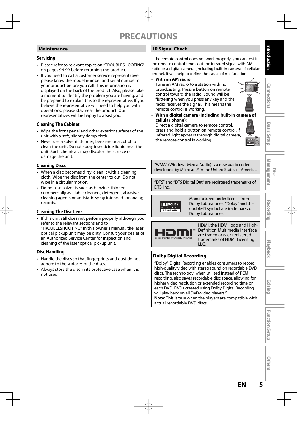 Precautions, 5en 5 en | Toshiba D-R400 User Manual | Page 5 / 103