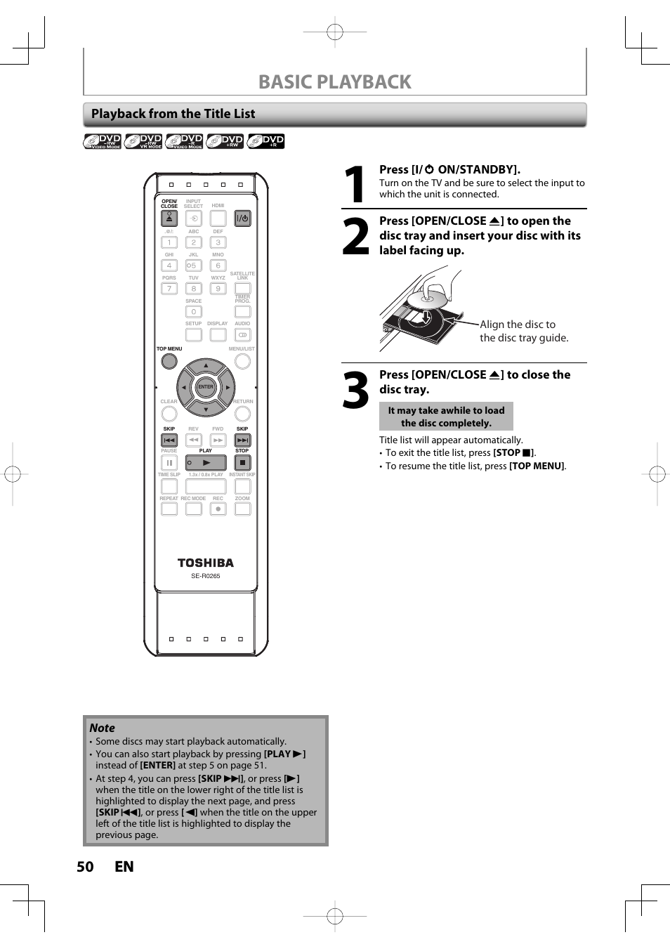 Basic playback, 50 en 50 en, Playback from the title list | Press [i/ y y on/standby, Press [open/close a ] to close the disc tray | Toshiba D-R400 User Manual | Page 50 / 103