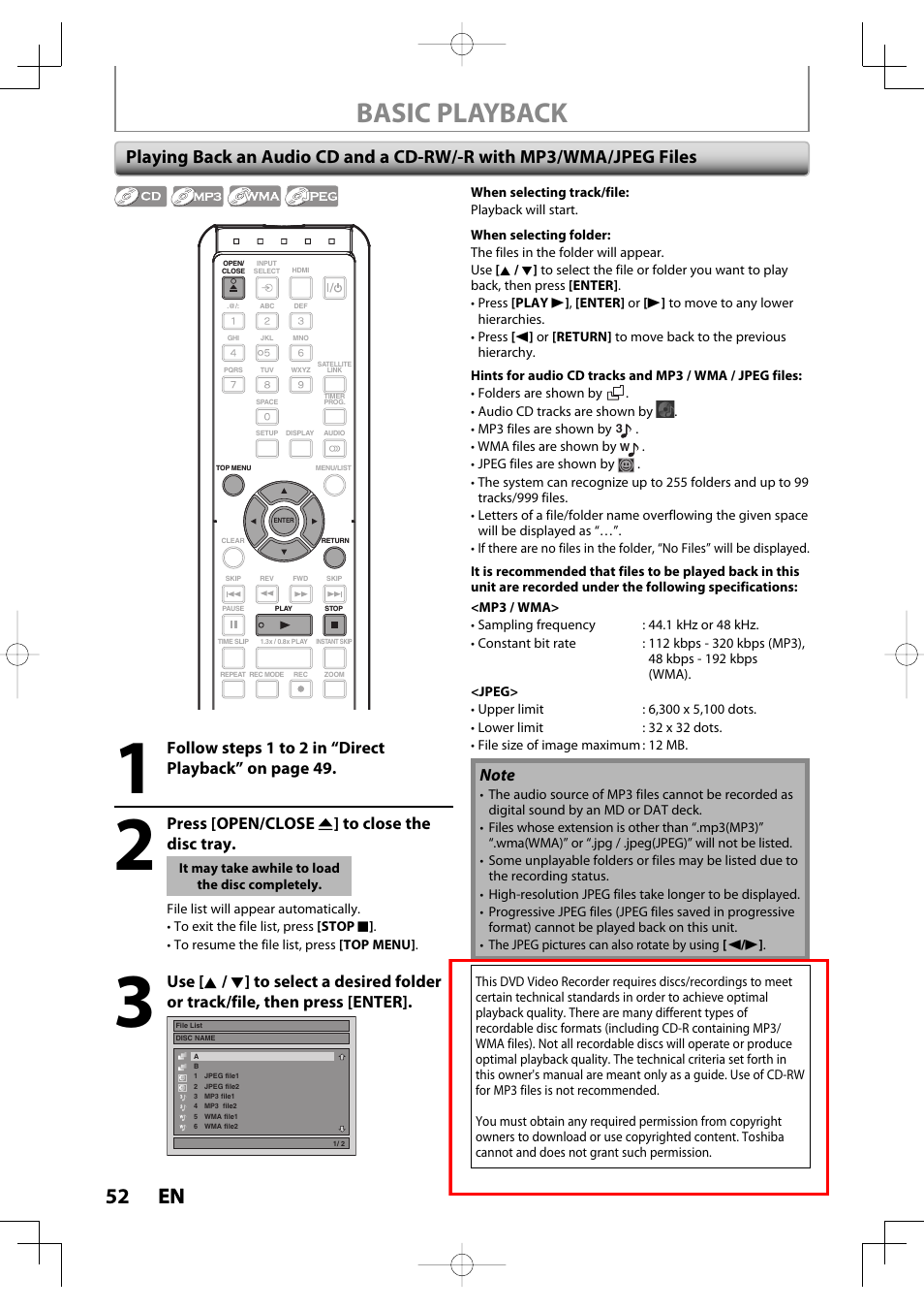 Basic playback, 52 en 52 en, Press [open/close a ] to close the disc tray | Toshiba D-R400 User Manual | Page 52 / 103