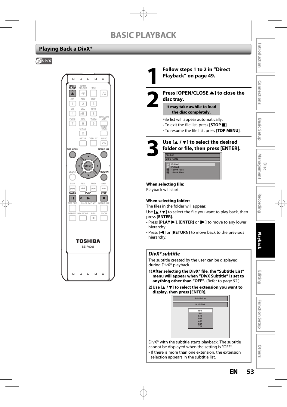 Basic playback, 53 en 53 en, Playing back a divx | Press [open/close a ] to close the disc tray, Divx® subtitle | Toshiba D-R400 User Manual | Page 53 / 103