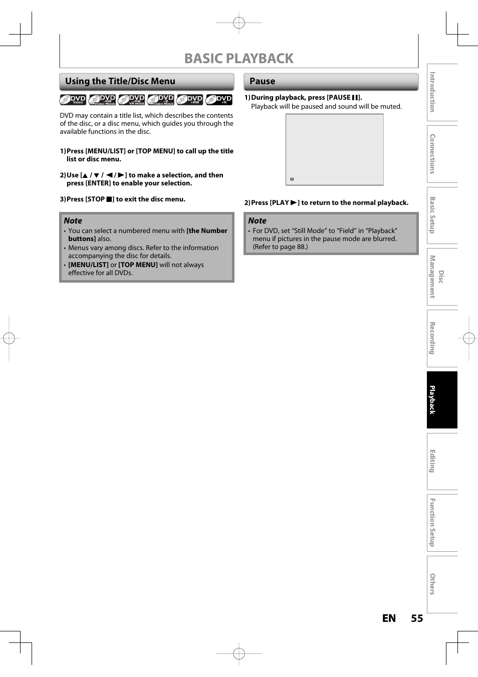 Basic playback, 55 en 55 en, Using the title/disc menu | Pause | Toshiba D-R400 User Manual | Page 55 / 103