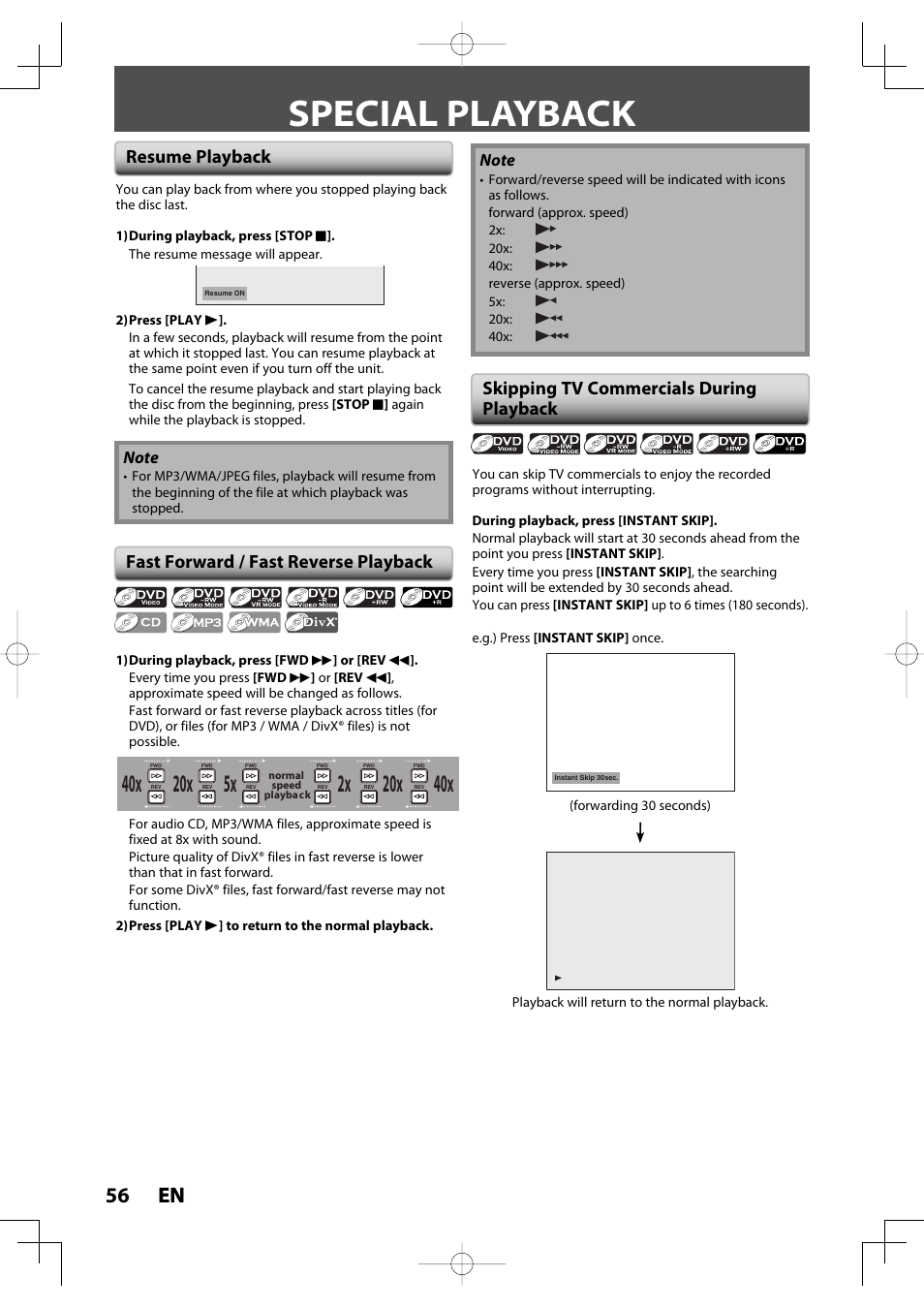 Special playback, 56 en 56 en, Resume playback | Toshiba D-R400 User Manual | Page 56 / 103