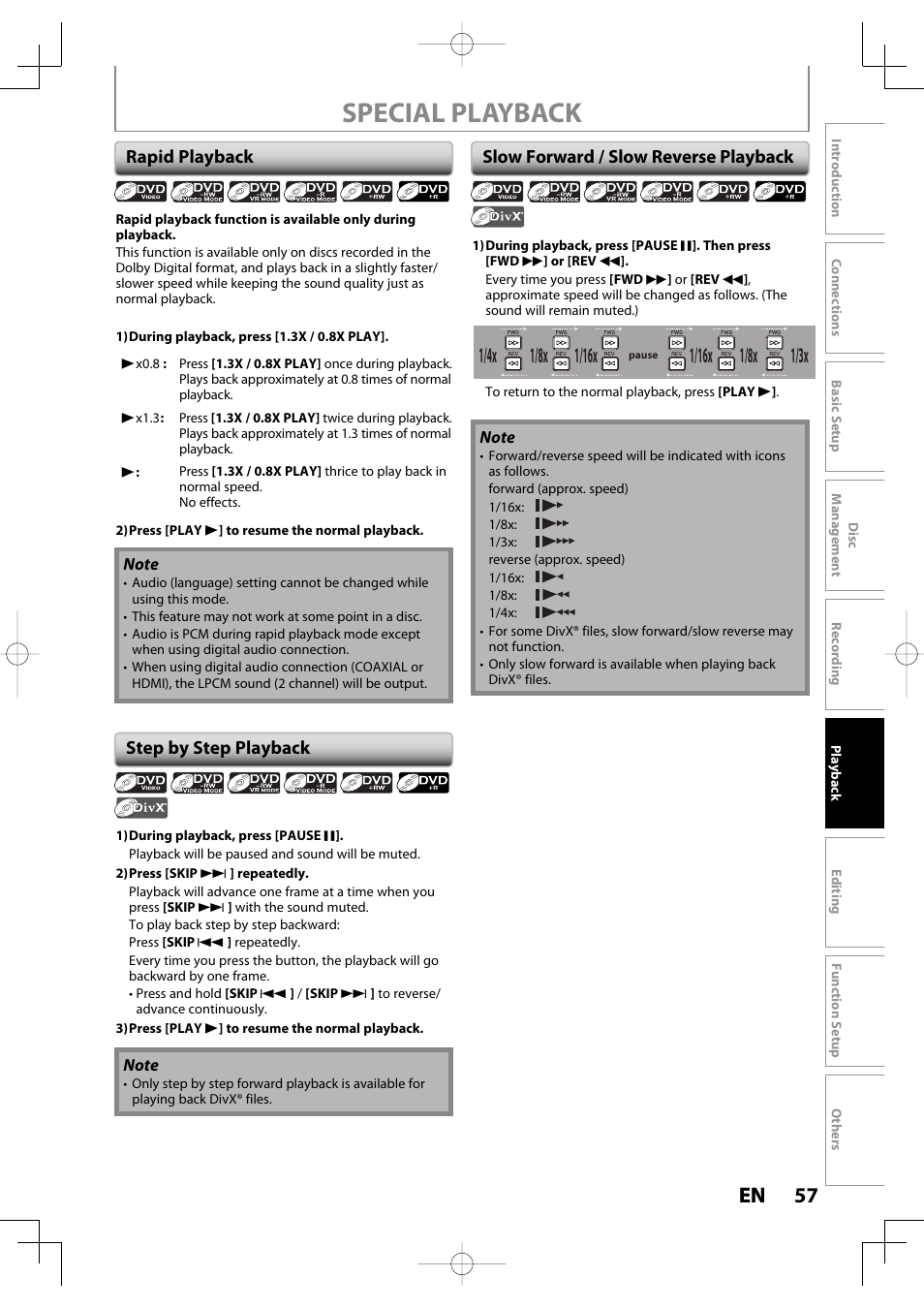 Special playback, 57 en 57 en, 1/8x | Toshiba D-R400 User Manual | Page 57 / 103