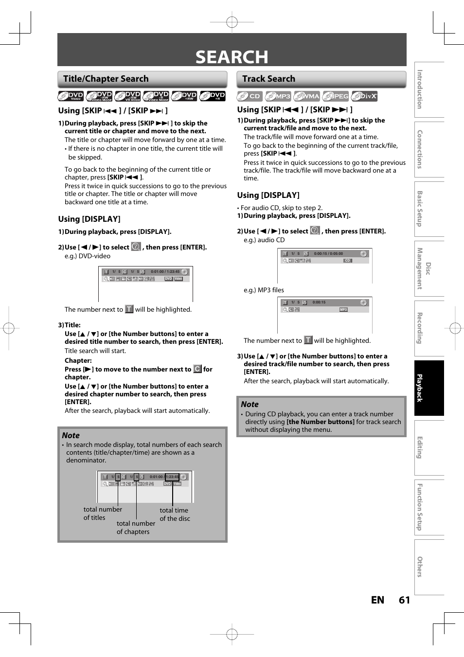 Search, 61 en 61 en, Title/chapter search | Track search | Toshiba D-R400 User Manual | Page 61 / 103