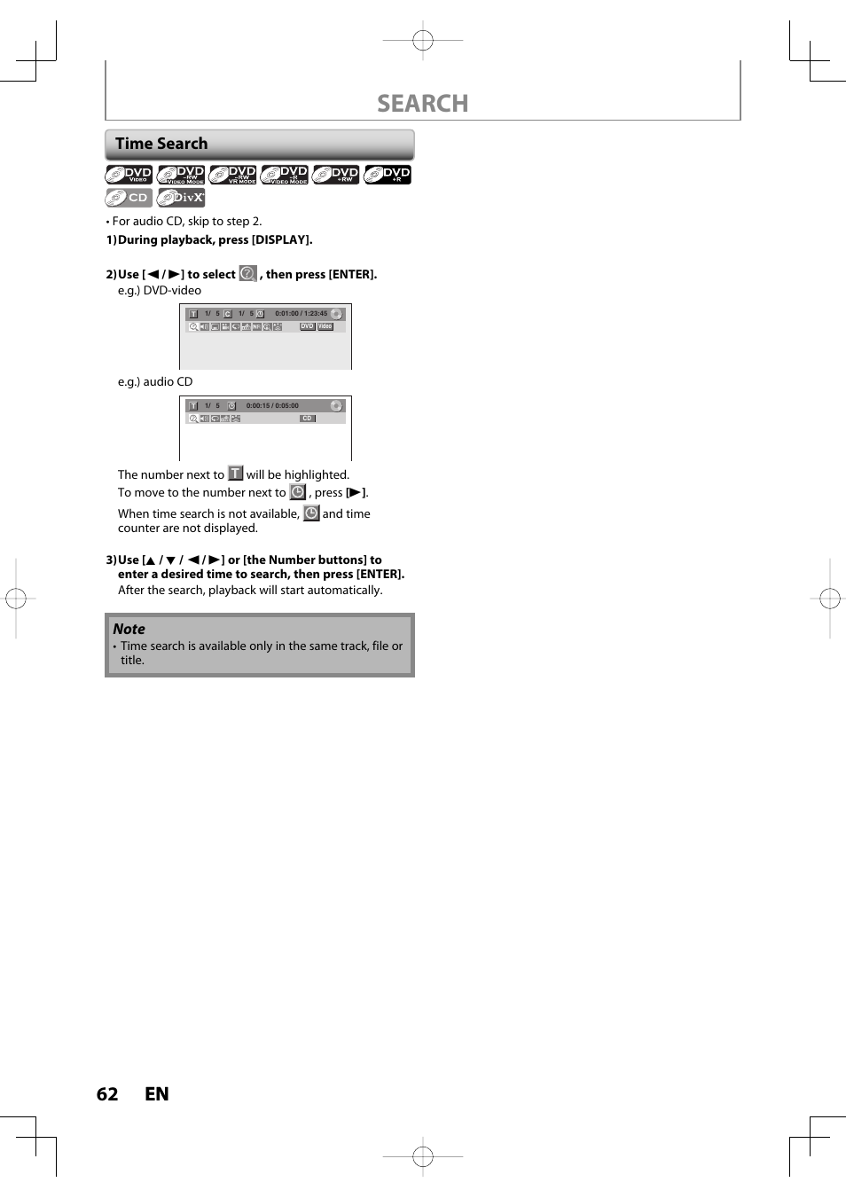 Search, 62 en 62 en, Time search | Toshiba D-R400 User Manual | Page 62 / 103