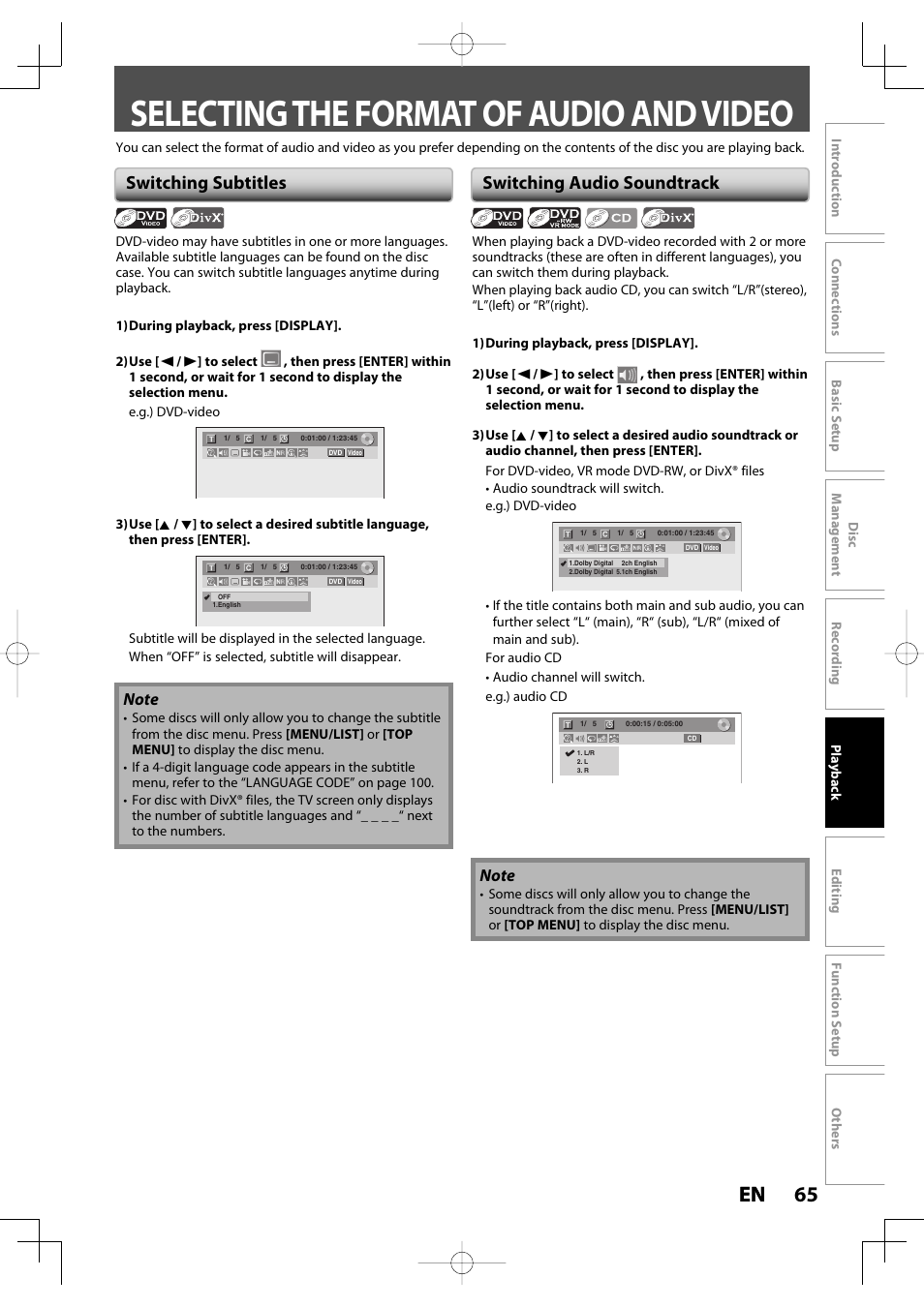 Selecting the format of audio and video, 65 en 65 en, Switching subtitles | Switching audio soundtrack | Toshiba D-R400 User Manual | Page 65 / 103