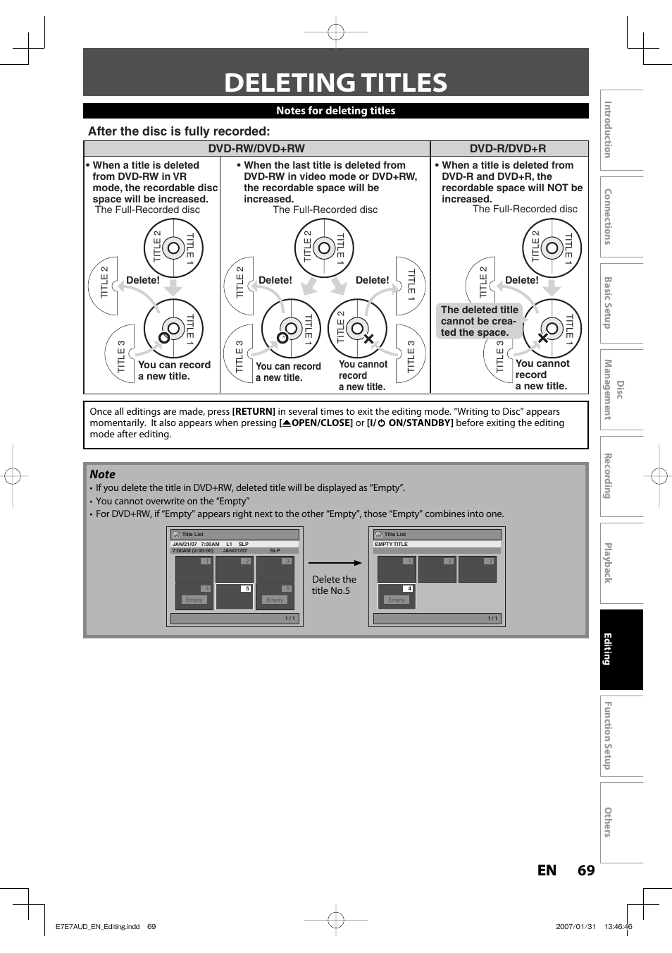 Deleting titles, 69 en 69 en, After the disc is fully recorded | Dvd-rw/dvd+rw dvd-r/dvd+r | Toshiba D-R400 User Manual | Page 69 / 103