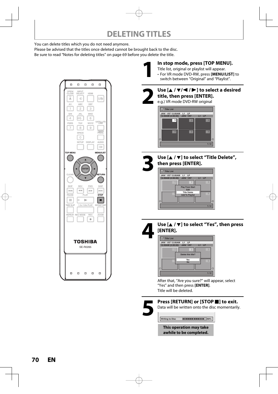 Deleting titles, 70 en 70 en, Use [ k / l ] to select “yes”, then press [enter | Press [return] or [stop c ] to exit | Toshiba D-R400 User Manual | Page 70 / 103