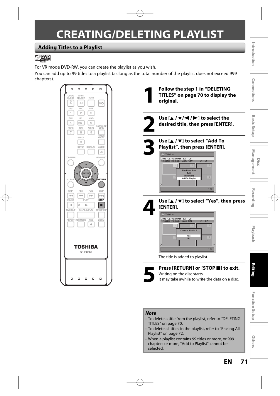 Creating/deleting playlist, 71 en 71 en, Adding titles to a playlist | Use [ k / l ] to select “yes”, then press [enter, Press [return] or [stop c ] to exit | Toshiba D-R400 User Manual | Page 71 / 103