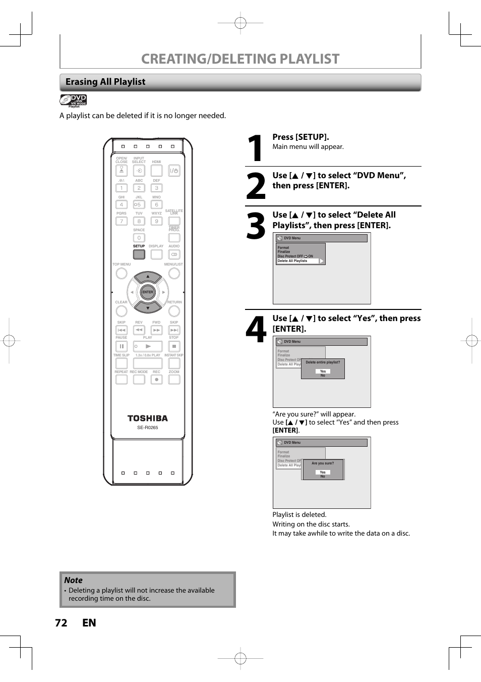 Creating/deleting playlist, 72 en 72 en, Erasing all playlist | Press [setup, Use [ k / l ] to select “yes”, then press [enter | Toshiba D-R400 User Manual | Page 72 / 103