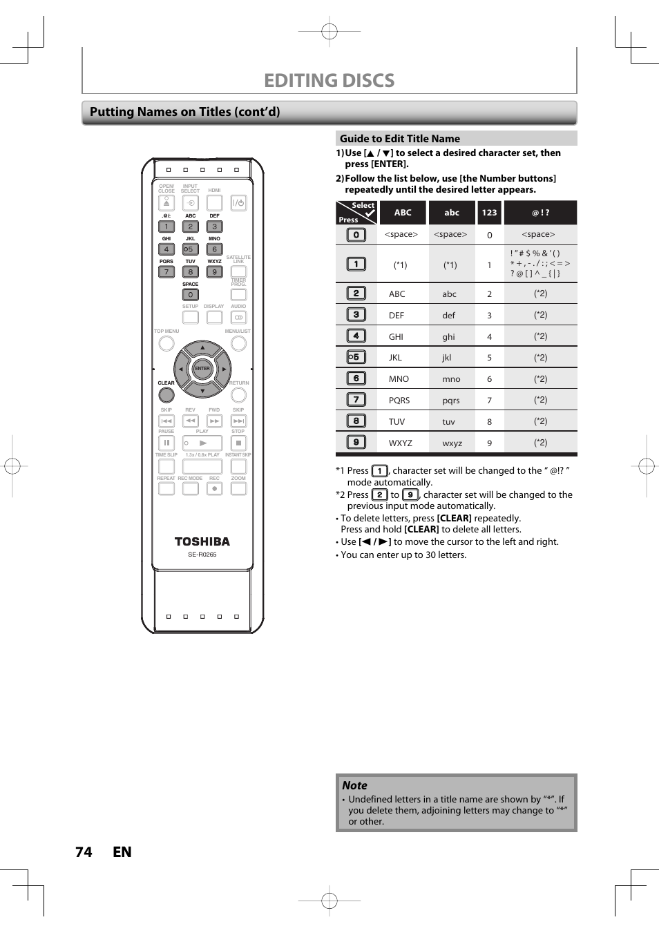 Editing discs, 74 en 74 en, Putting names on titles (cont’d) | Guide to edit title name | Toshiba D-R400 User Manual | Page 74 / 103