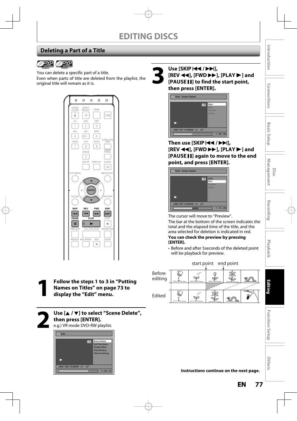 Editing discs, 77 en 77 en, Deleting a part of a title | Before editing edited start point end point | Toshiba D-R400 User Manual | Page 77 / 103