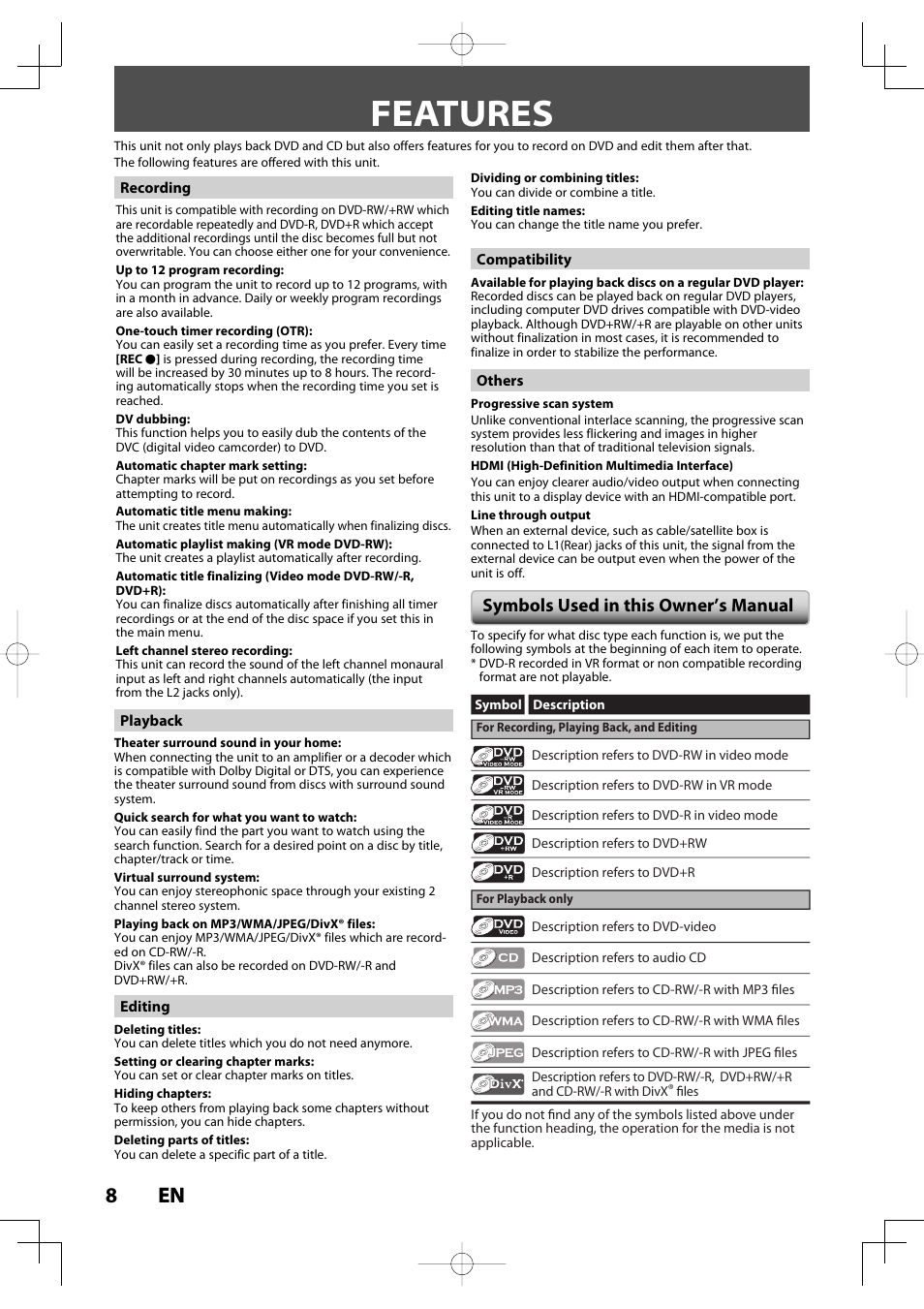 Features, 8en 8 en, Symbols used in this owner’s manual | Toshiba D-R400 User Manual | Page 8 / 103