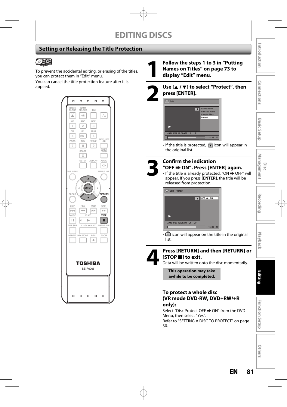 Editing discs, 81 en 81 en, Setting or releasing the title protection | Toshiba D-R400 User Manual | Page 81 / 103