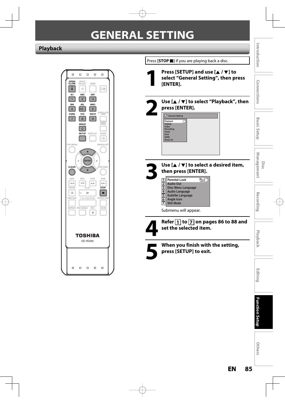 General setting, 85 en 85 en, Playback | Toshiba D-R400 User Manual | Page 85 / 103