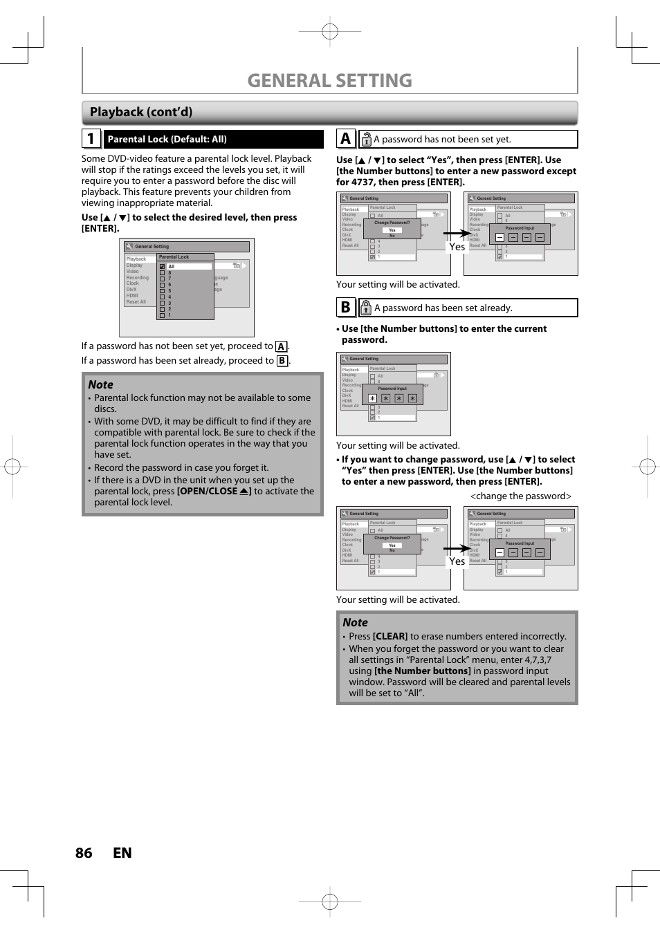 General setting, 86 en 86 en, Playback (cont’d) | Toshiba D-R400 User Manual | Page 86 / 103