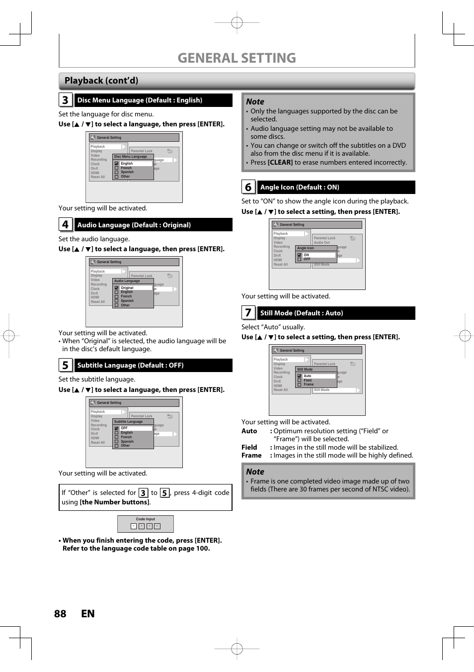 General setting, 88 en 88 en, Playback (cont’d) | Toshiba D-R400 User Manual | Page 88 / 103