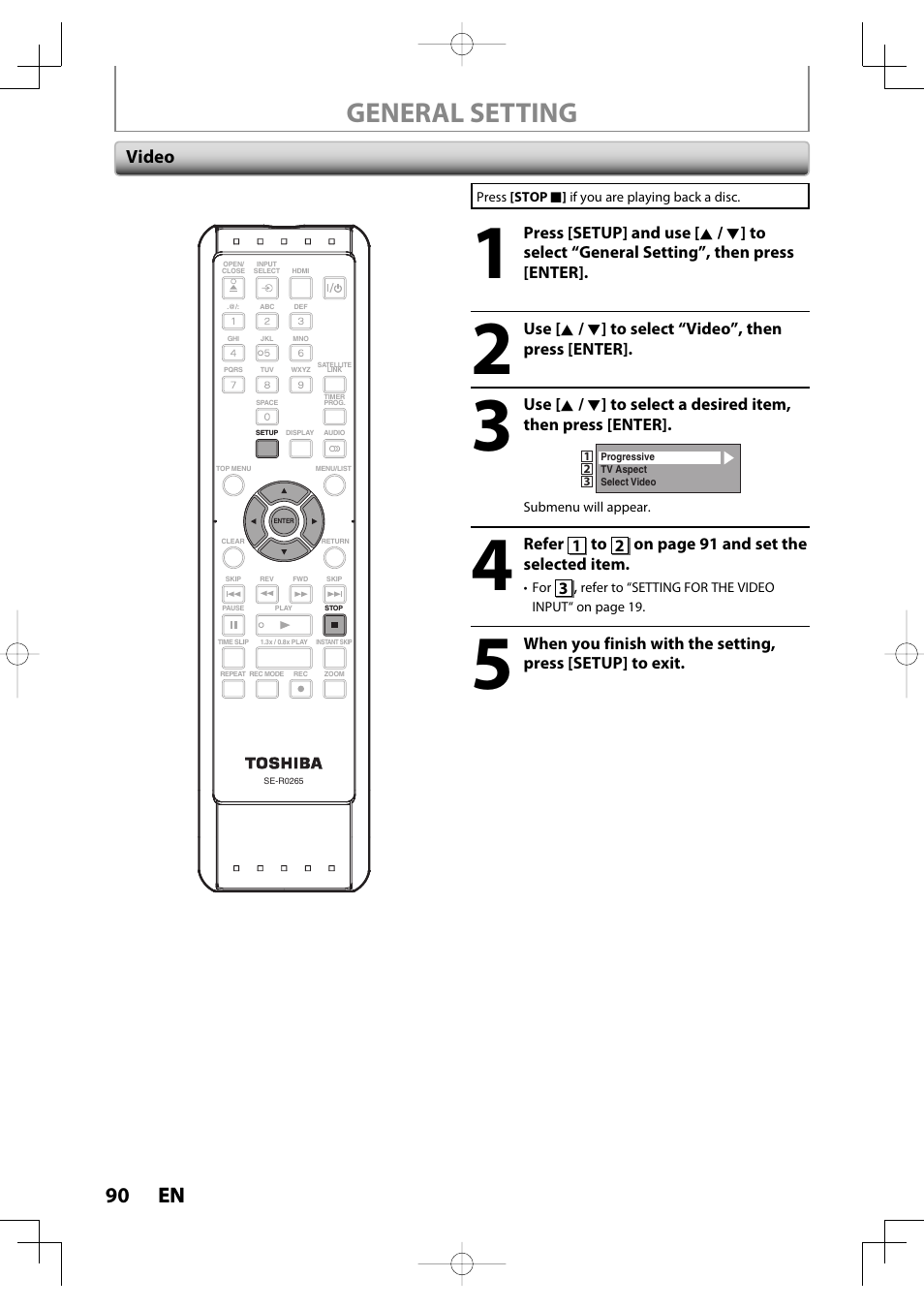 General setting, 90 en 90 en, Video | Toshiba D-R400 User Manual | Page 90 / 103