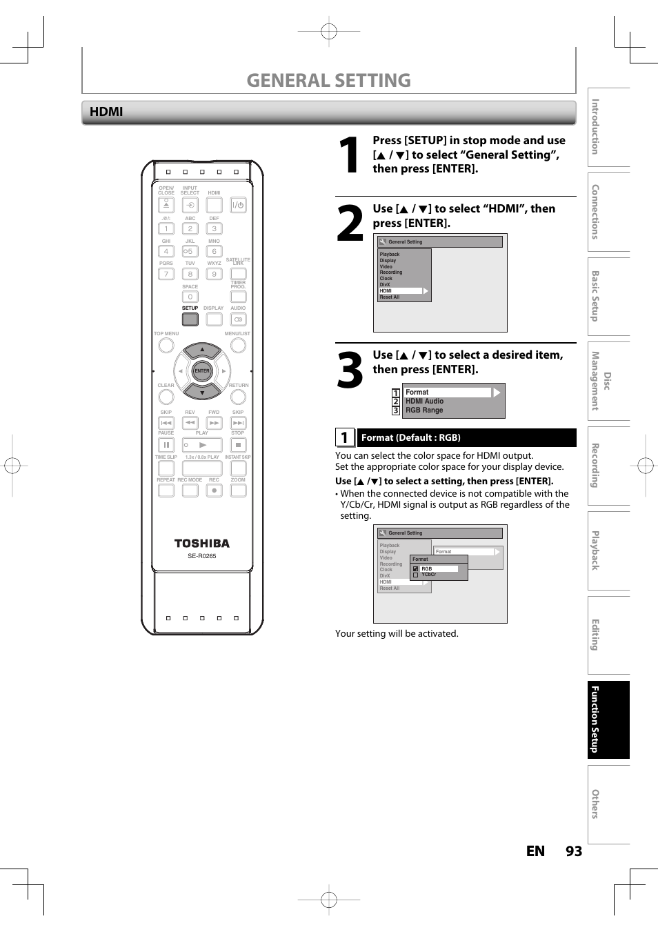 General setting, 93 en 93 en, Hdmi | Use [ k / l ] to select “hdmi”, then press [enter | Toshiba D-R400 User Manual | Page 93 / 103