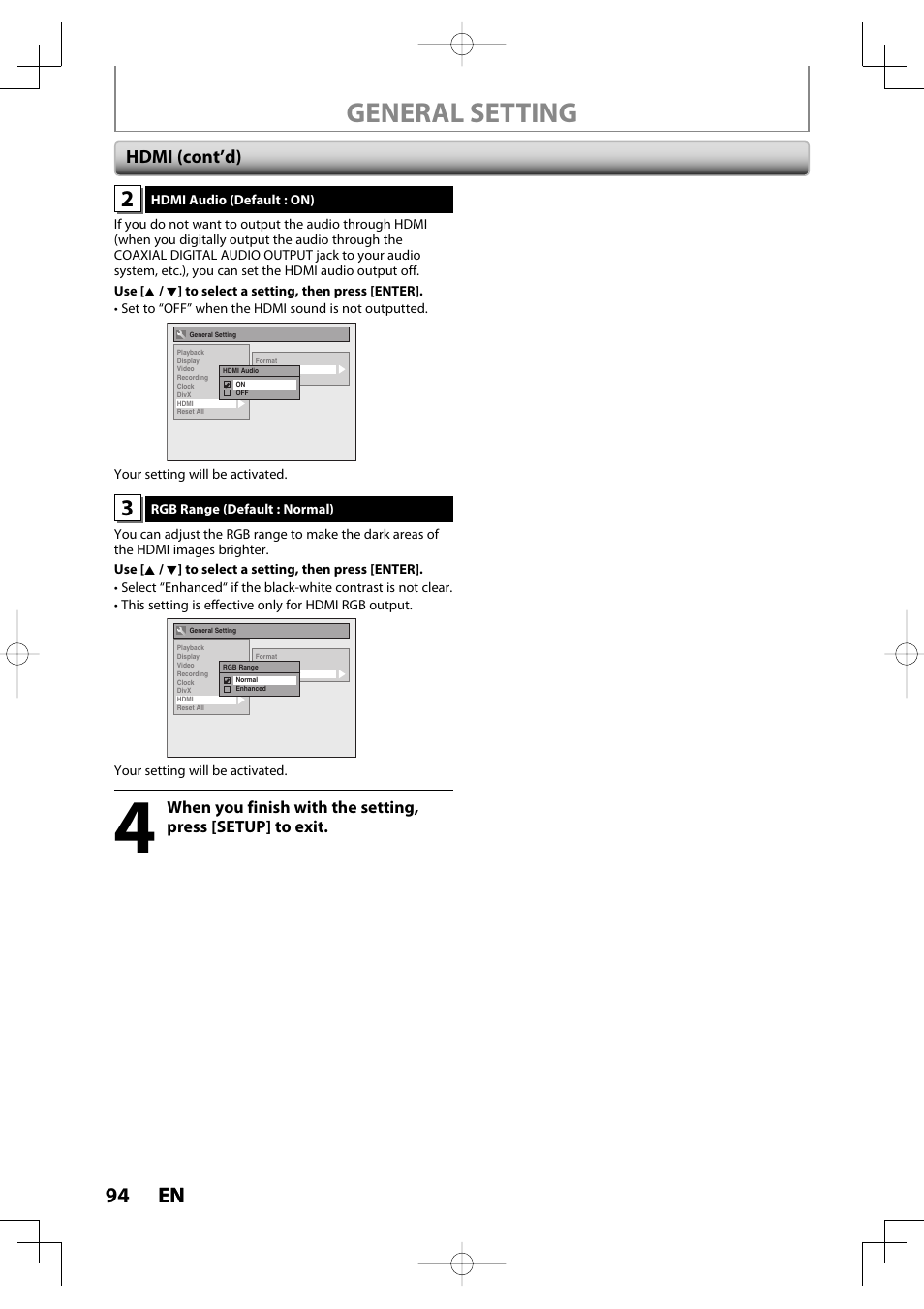 General setting, 94 en 94 en | Toshiba D-R400 User Manual | Page 94 / 103