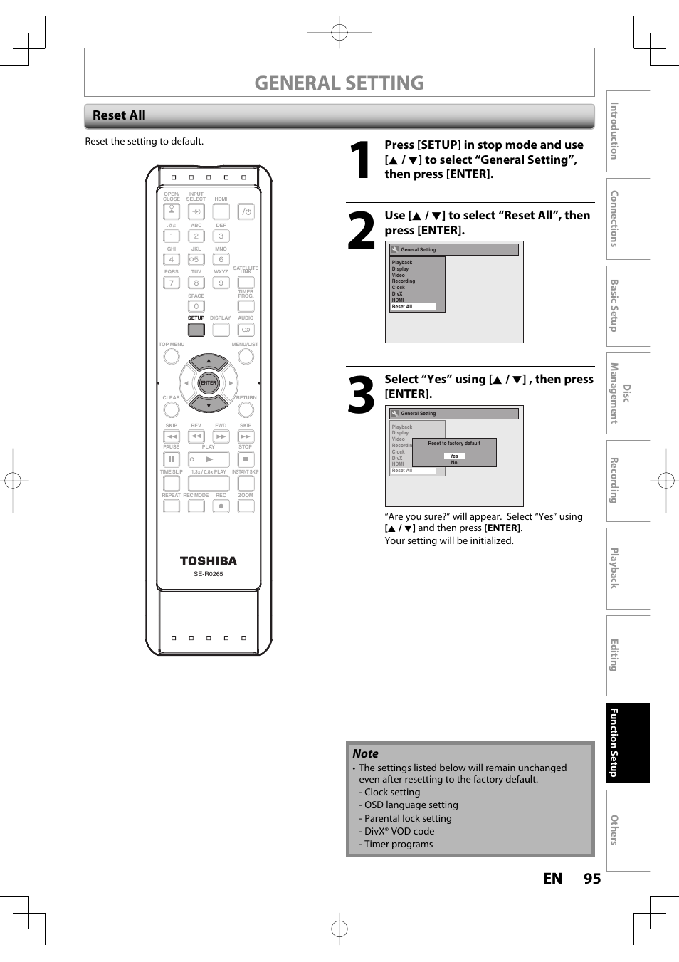 General setting, 95 en 95 en, Reset all | Select “yes” using [ k / l ] , then press [enter | Toshiba D-R400 User Manual | Page 95 / 103
