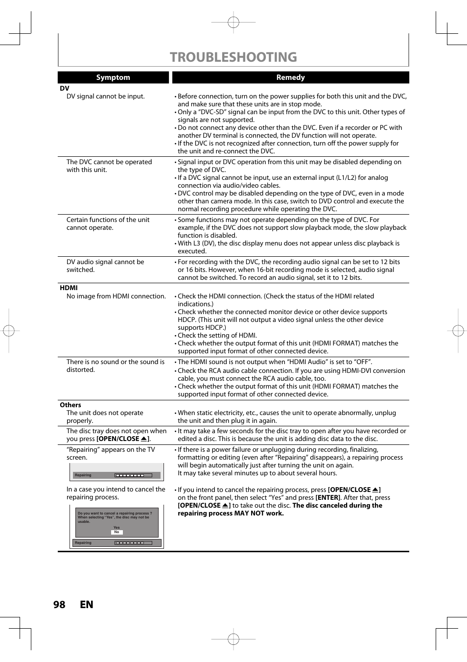 Troubleshooting, 98 en 98 en | Toshiba D-R400 User Manual | Page 98 / 103