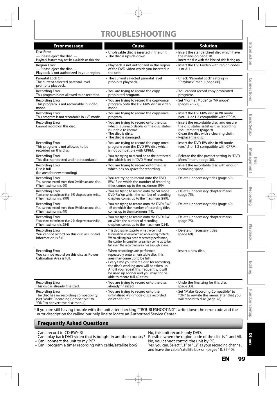 Troubleshooting, 99 en 99 en, Frequently asked questions | Toshiba D-R400 User Manual | Page 99 / 103