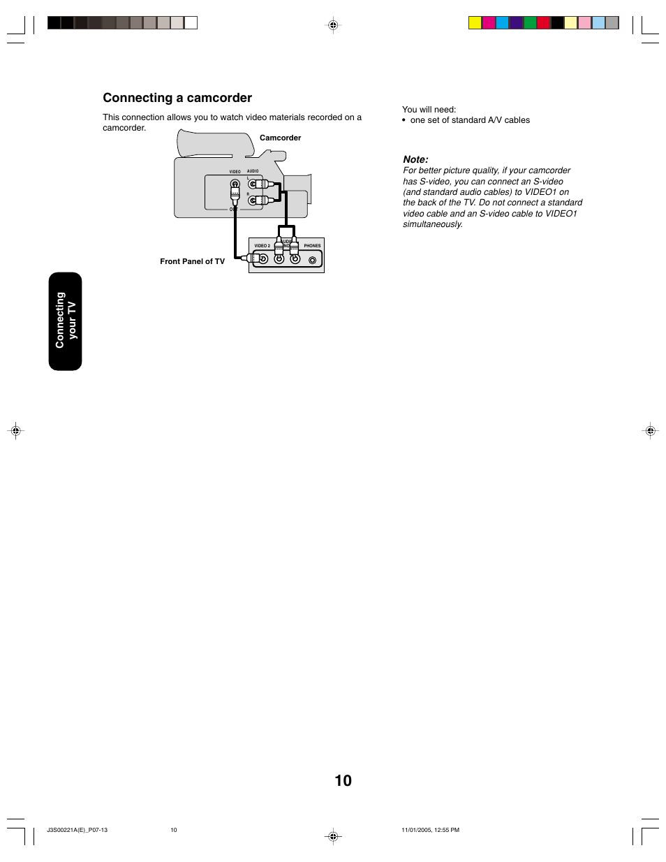 Connecting a camcorder, Connecting your tv | Toshiba 14AF45C User Manual | Page 10 / 28