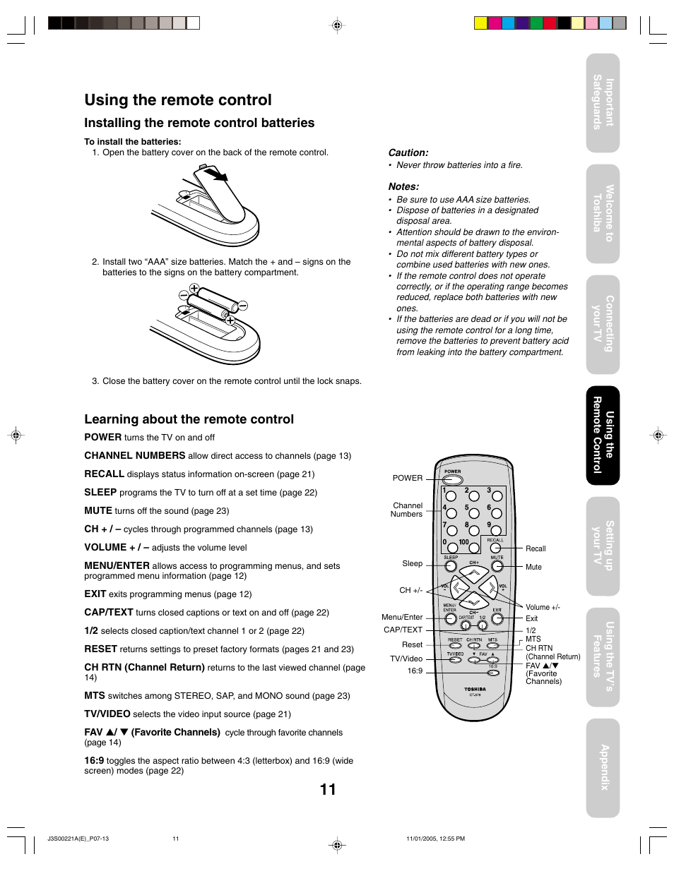 Using the remote control, Installing the remote control batteries, Learning about the remote control | Toshiba 14AF45C User Manual | Page 11 / 28