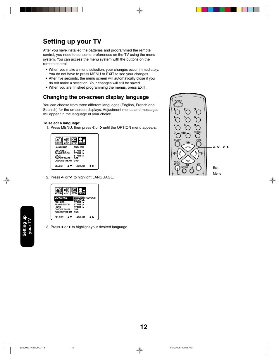 Changing the on-screen display language, Setting up your tv | Toshiba 14AF45C User Manual | Page 12 / 28