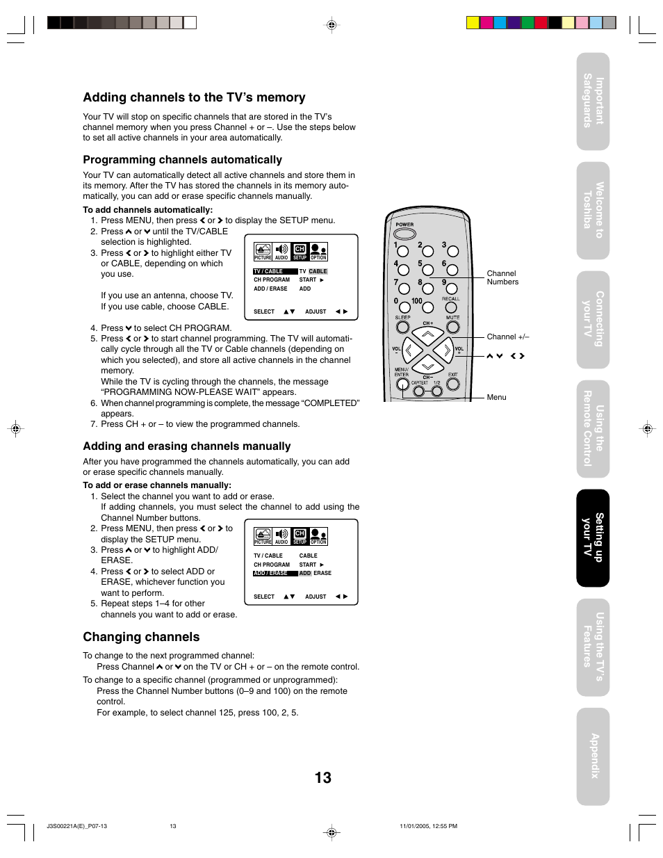 Changing channels, Programming channels automatically, Adding and erasing channels manually | Toshiba 14AF45C User Manual | Page 13 / 28